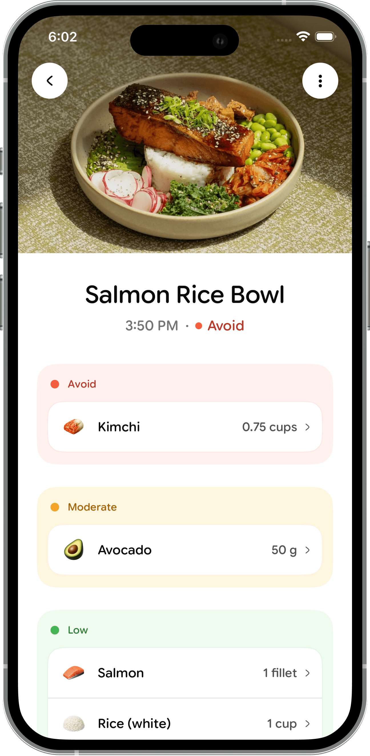 Gut Friendly meal analysis for a salmon rice bowl with ingredient ratings