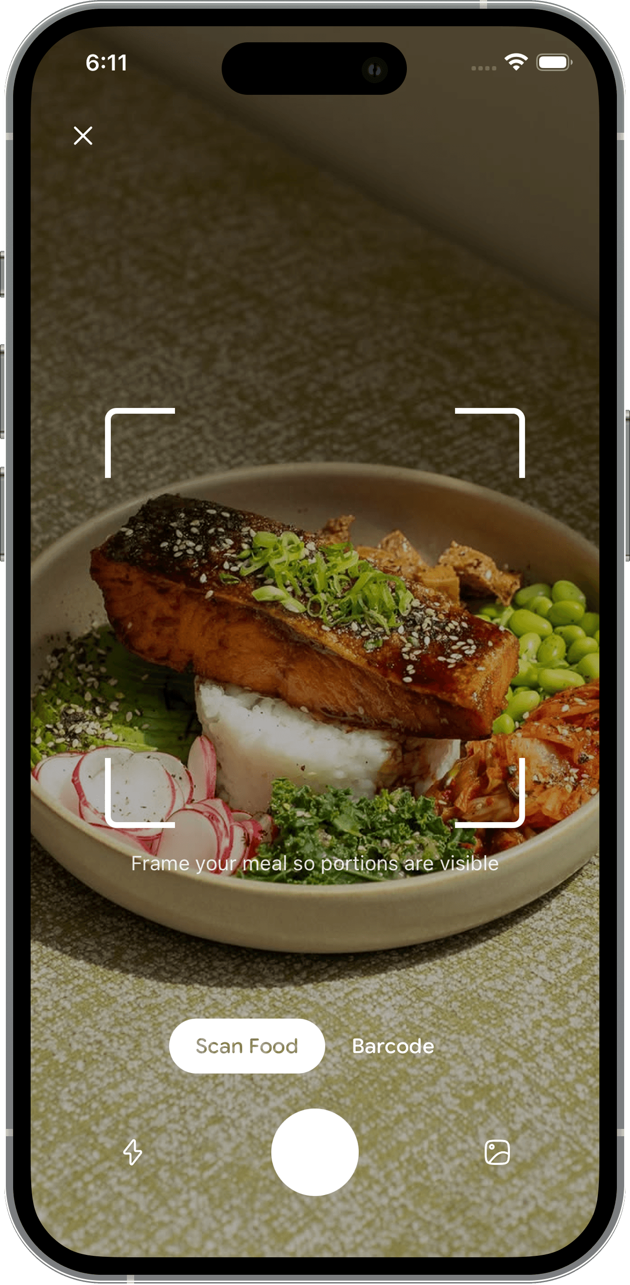 Gut Friendly meal scanner framing a salmon rice bowl